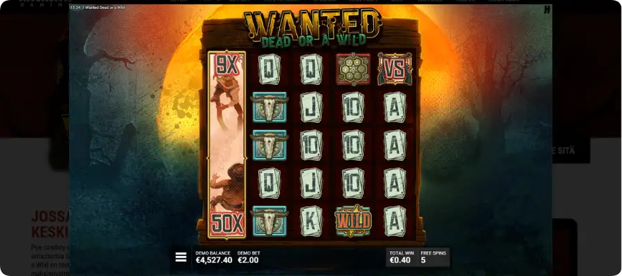 VS-symbolien kaksintaistelu 9x ja 50x kertoimista Duel at Dawn -bonuksessa Wanted Dead or a Wild